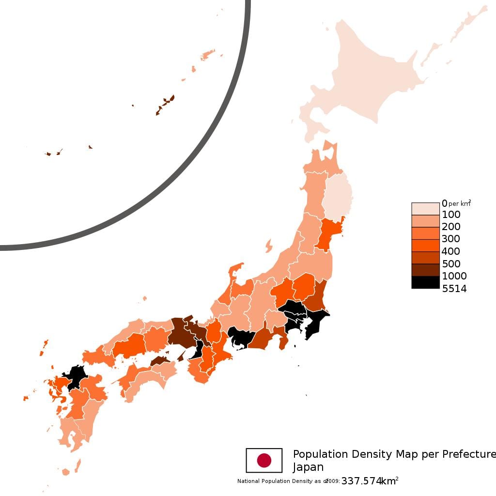 hustota obyvatelstva mapu japonsko
