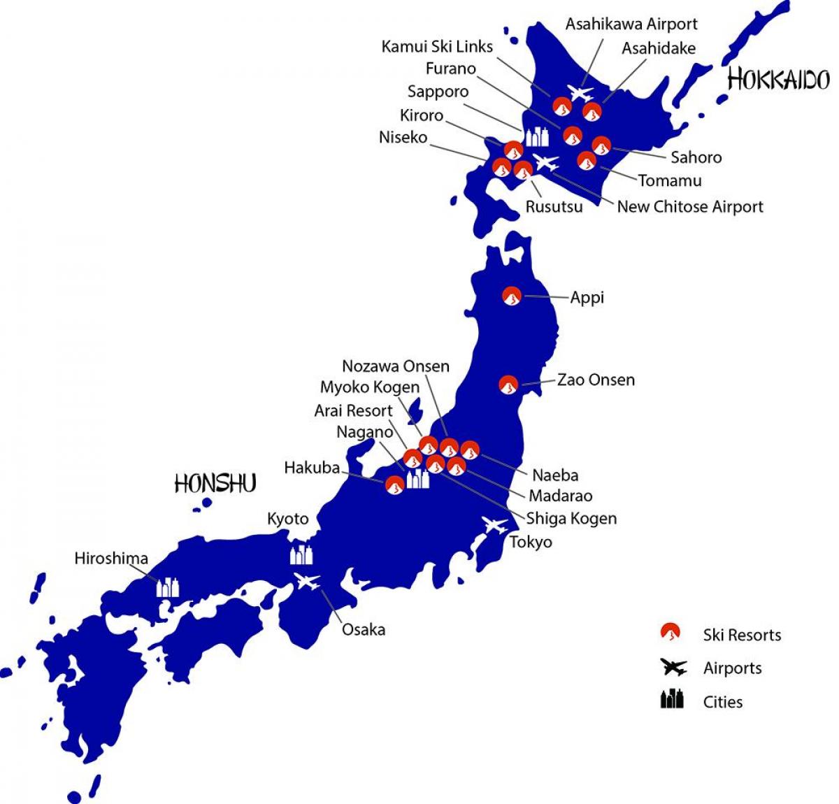 mapa japonska lyžařských středisek