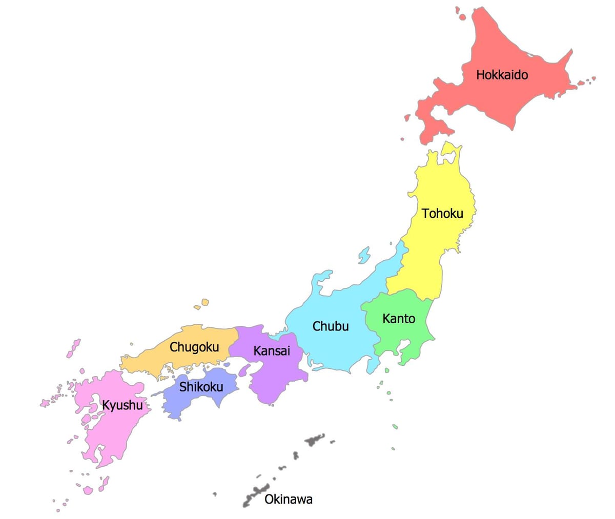 japonsko mapa regionů