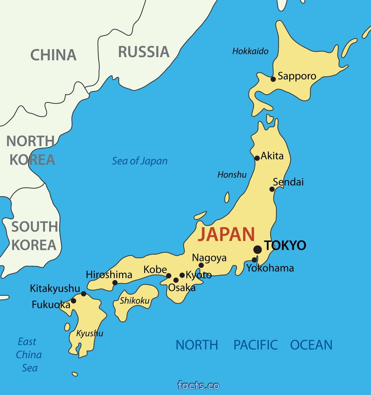japonsko mapa s větších městech