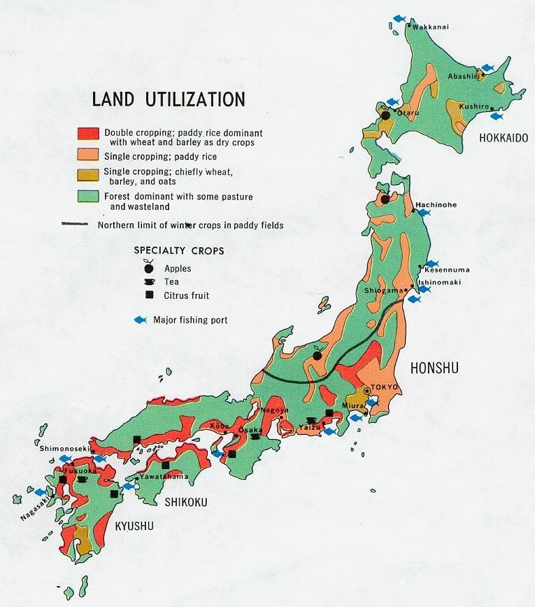 mapa japonska zemědělství